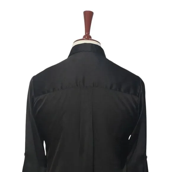Womens Silky Satin Shirt Black Blouse Button Up Casual Dressy Top Medium Work - Picture 6 of 7
